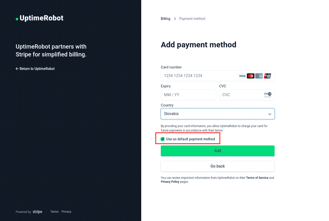 Screenshot of Stripe default payment method option